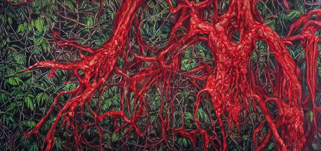 Prompt: hyperrealistic oil painting on canvas, hyperdetailed jungle made of blood and veins