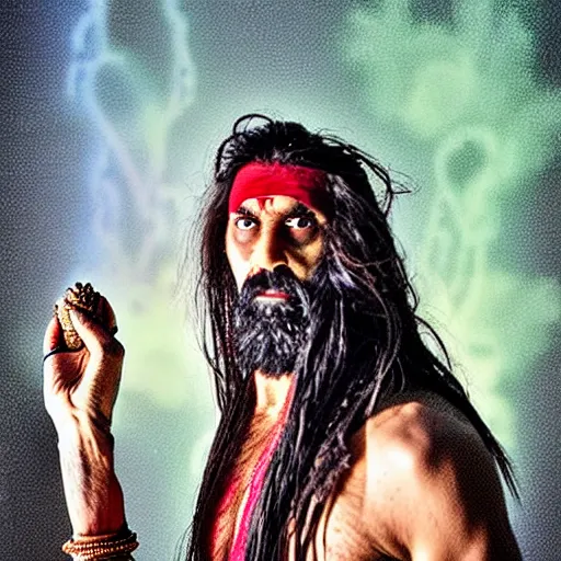 Image similar to Aghori baba in creamation ground evoking goddess Tara, realistic in the style of James Cameron