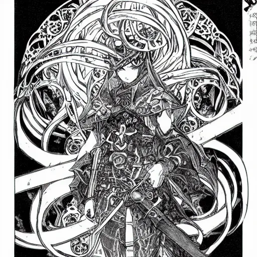 Image similar to highly detailed perspective magic sword drawing black and white goetic pen and ink manga panel by hiroya oku!! mucha sword concept art design still life