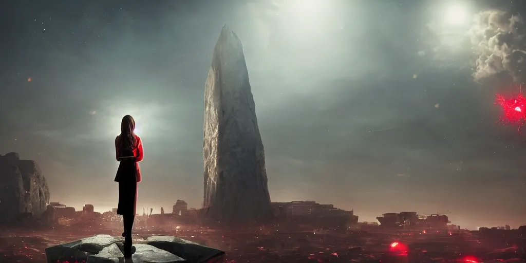 Prompt: a girl wearing fitting suit standing front of a huge towering and broken stone tablet with red light + alien pattern + an abandoned spaceship, stands in the center of a prosperous city at the end of the world, and the power and energy is explode, secret, mysterious, doomsday, landscape, 2 4 mm lens, video game control, quantum break, arknights,