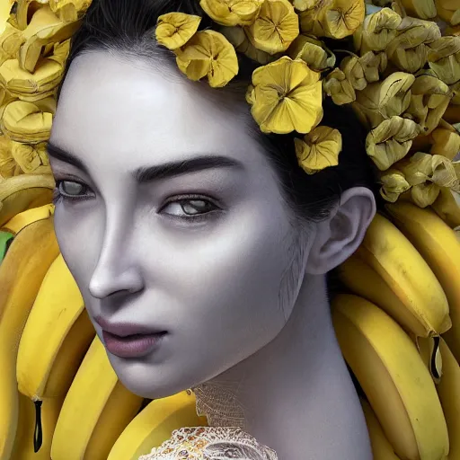 Prompt: the portrait of an absurdly beautiful, graceful, elegant woman made of bananas and petals, an ultrafine detailed illustration by irakli nadar, naoki ikushima, mika iizuka, intricate linework, bright colors, final fantasy, behance contest winner, angular, unreal engine 5 highly rendered, global illumination, radiant light, detailed and intricate environment