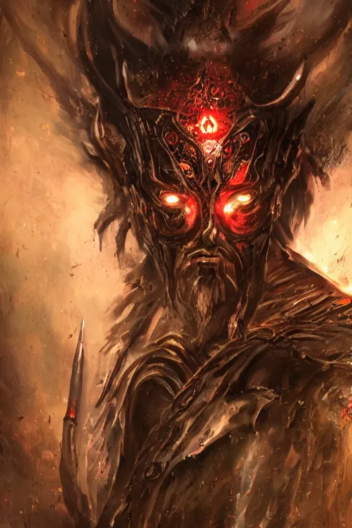 Image similar to Path of Exile, Sirius, bronze face, red eyes, male image with bronze black armor among black lights, dark red bloody fog fly around, Anachronism, painting, dark fantasy, steampunk, 4k, perfect quality,