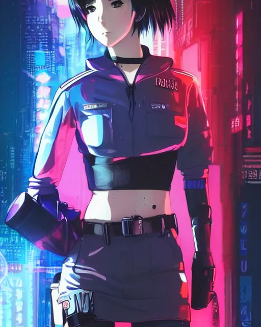 Image similar to police officer girl very very anime!!! fine face, audrey plaza, realistic shaded perfect face, fine details. anime. realistic shaded lighting cyberpunk futuristic neon tattoos styled hair reflective puffy sheen film jacket decorated poster by ilya kuvshinov katsuhiro otomo ghost in the shell