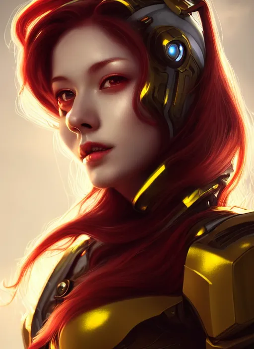 Prompt: detailed portrait of perfect deep red haired girl, android, warframe armor, beautiful, pretty face, yellow cyborg eyes, innocent, scifi, 4 k, sun yunjoo, ultra realistic, aura of light, cinematic lighting, highly detailed, sharp focus, artstation, masterpiece, art by hyungjin yang