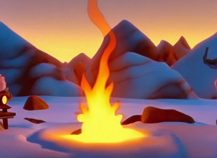 Prompt: tiny smoldering campfire glowing in a stark minimalist frozen creek snowdrift landscape from mulan ( 1 9 9 8 )