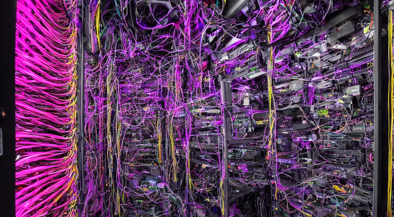 Image similar to dark broken corrupted server rack computer crypto mining data center servers equipment red, magenta, orange, yellow, pink, purple color coded wires and cables, blinking led status lights and indicators, in the dark, chaotic 5 5 mm photography detailed footage