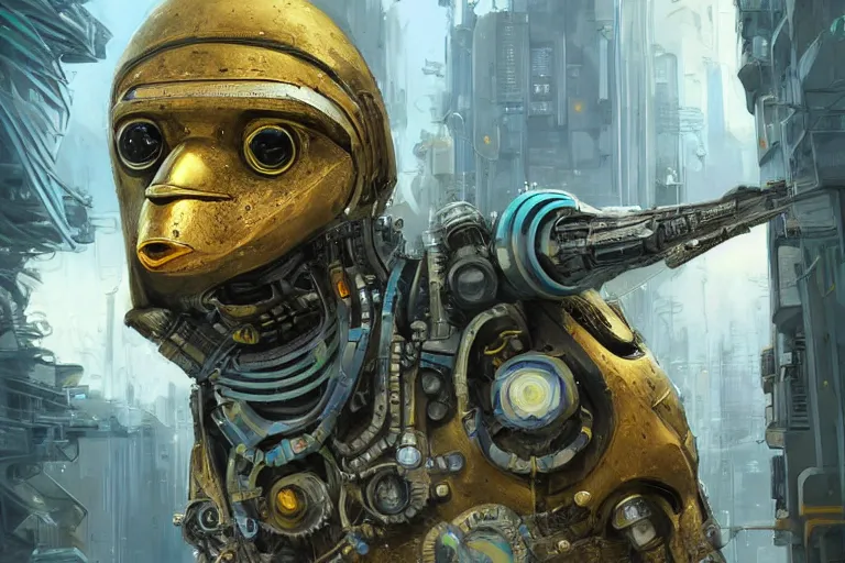 Image similar to A solarpunk very highly detailed Anthropomorphic cybertronic penguin with very highly detailed face on the street of a very highly detailed solarpunk sci-fi city digital rational painting art by Greg Rutkowski, sci-fi highly detailed, digital concept art, Dimensional cyan gold natural light, sharp focus, Golden Ratio illustration, realistic concept art by Stephen Hickman and James Gurney and Hiromasa Ogura Ghost in the Shell rendered in Octane Render, From the distance