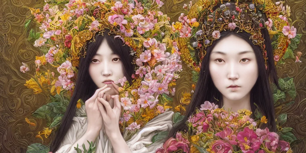 Prompt: breathtaking detailed concept art painting of the goddess Flora, orthodox saint, with anxious, piercing eyes, ornate background, amalgamation of leaves and flowers, by Hsiao-Ron Cheng, James jean, Miho Hirano, Hayao Miyazaki, HDR, extremely moody lighting, 8K