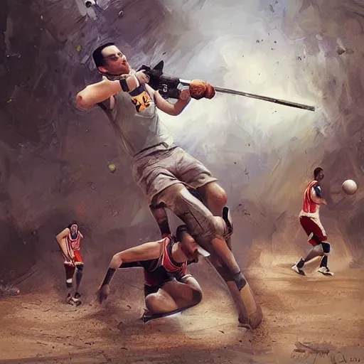 Image similar to a new sport has been invented, it is a cross between paint ball and basketball, digital art by mandy jurgens and irena french, heraldo ortega, hyperdetailed, artstation, cgsociety.