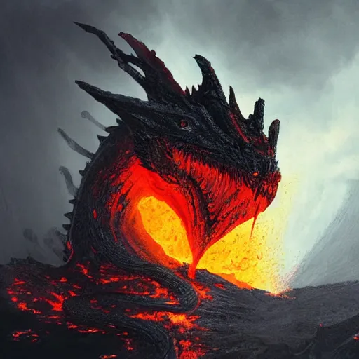 Image similar to dragon made of molten stone dripping with lava rising from the ground, digital art, highly detailed, intricate, tense atmosphere, menacing, scary, 8 k, by greg rutkowski