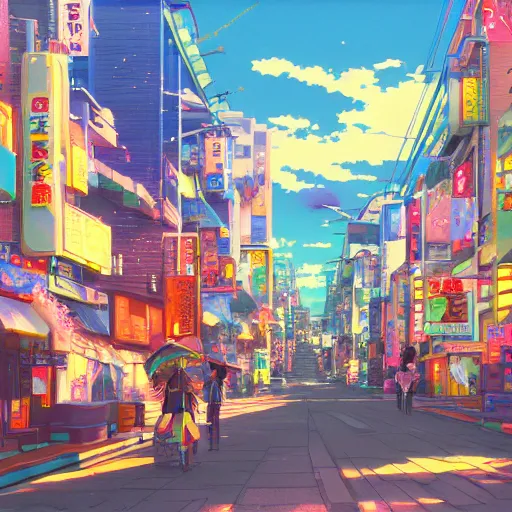 Prompt: A colourful ultradetailed anime illustration of a colorful residental street in Tokyo by beeple, makoto shinkai, thomas kinkade, anime art wallpaper 4k, trending on artstation, anime, sunlight through cumulus, 4K