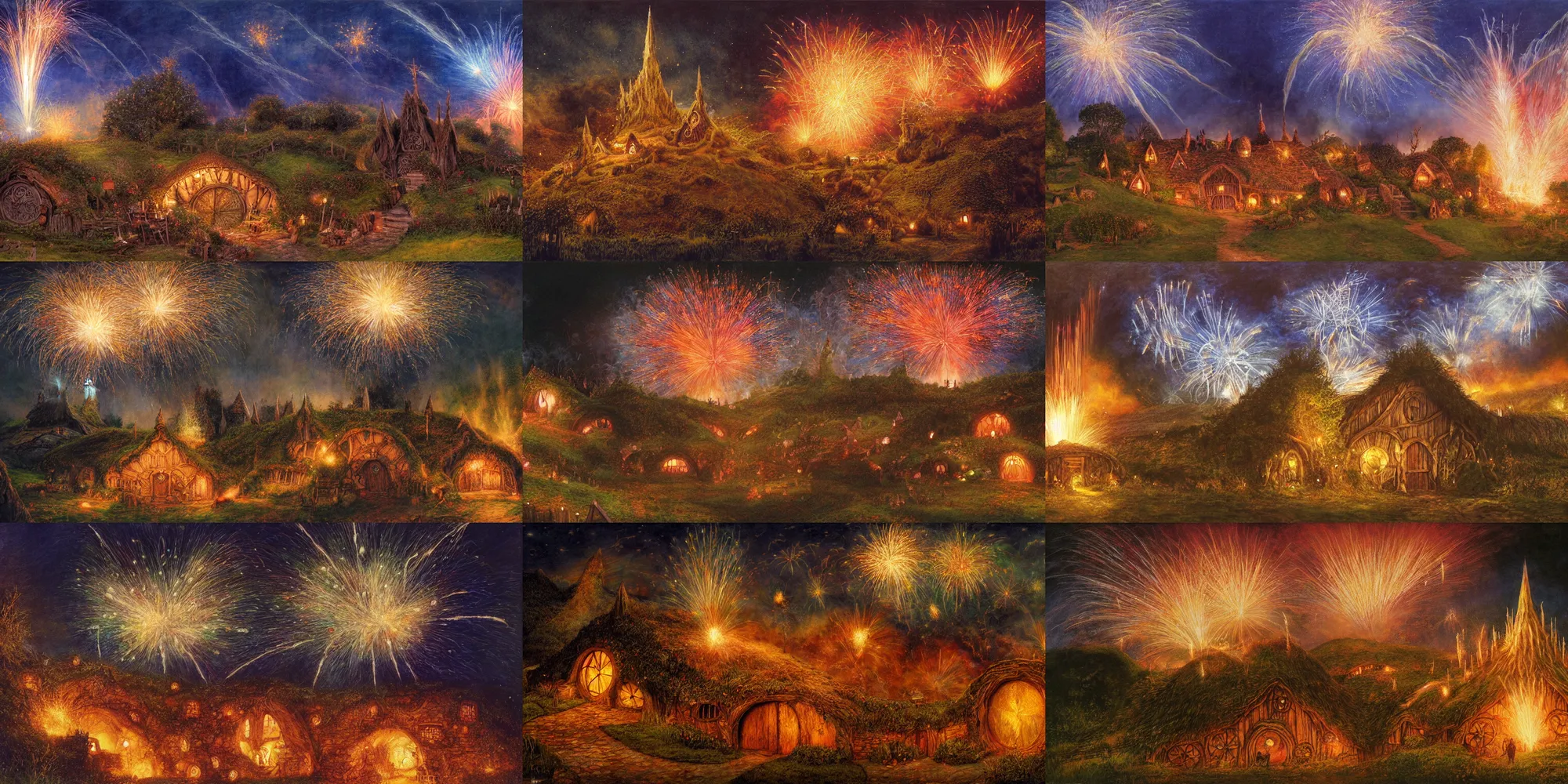 Prompt: hobbiton at night, fireworks explode in the sky above the hobbit hole and the party tree, by alan lee, intricate, firework smoke trails, artstation, oil painting.