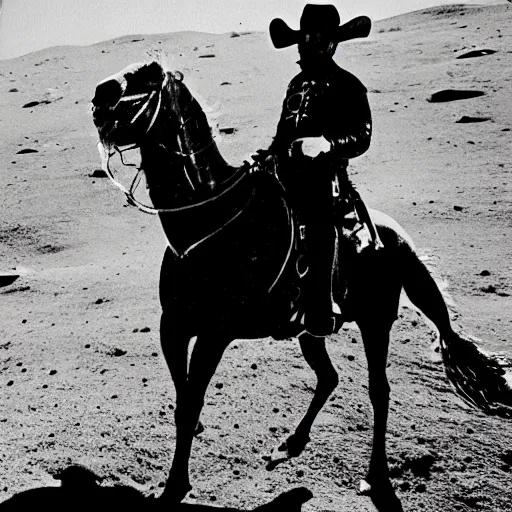 Image similar to anton lavey wearing a cowboy hat, riding a horse on the moon