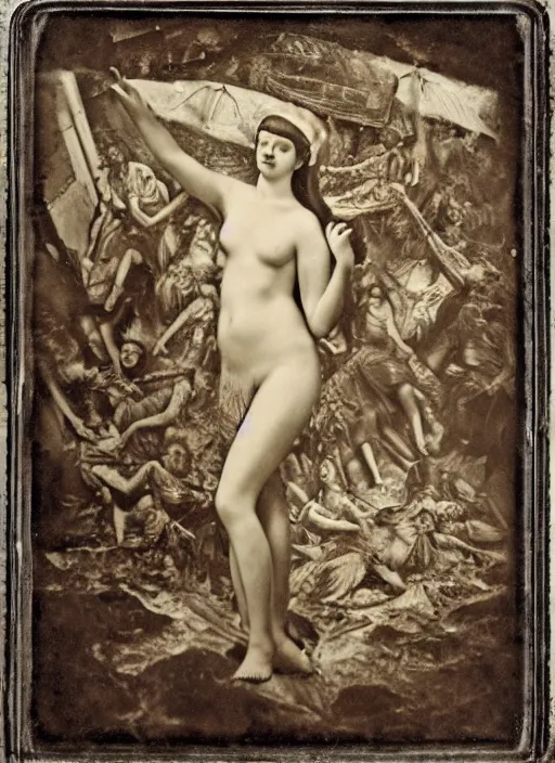 Image similar to old wetplate daguerreotype portrait of birth of venus, explosion of data fragments, fractal, intricate, elegant, highly detailed, parallax, leica, medium format, subsurface scattering, portrait, elegant, highly detailed, matte painting, by stanley spencer