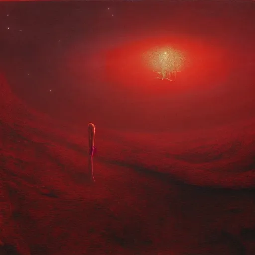 Image similar to an epic sci-fi cosmic horror landscape, by Beksiński and Rutkowski, horror, cosmic horror, blood, red, space, unknown, dark, cyberpunk, cinematic, 8k