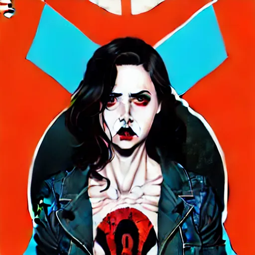 Prompt: Rafael Albuquerque comic cover art, loish, artgerm, Sam yang, artgerm, Ross tran, pretty female Alison Brie serial killer holding bloody knife, blood on clothes and face, sarcastic smile, symmetrical eyes, symmetrical face, full body, jean jacket, jeans, short blonde hair, middle shot, highly saturated, deep blacks