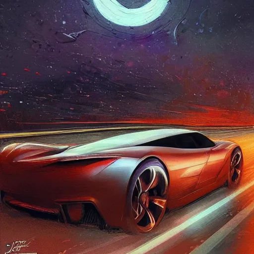 Prompt: a beautiful artwork of a car on a highway at night, by Jerome Opeña, featured on artstation