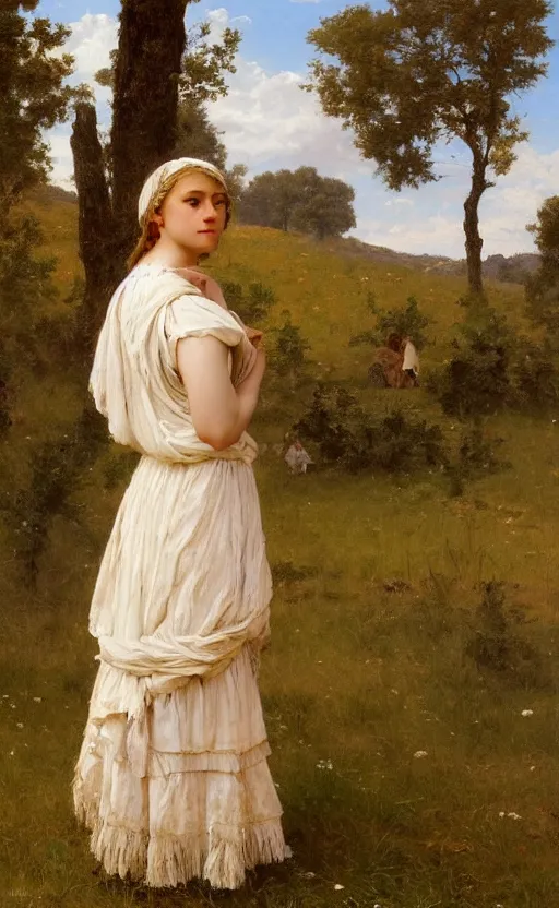 Image similar to portrait en buste of annasophia robb in a pastoral field, traditional corsican, intricate, highly detailed, artstation, illustration, jurgens, rutkowski, bouguereau