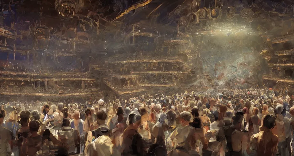 Prompt: craig mullins and ghibli digital art of inside the grand theater, many audience, on the stage, masked female violinists, exotic costumes, gold jewelry, black hair, solo performance unreal engine, hyper realism, realistic shading, cinematic composition, realistic render, octane render, detailed textures, photorealistic, wide shot