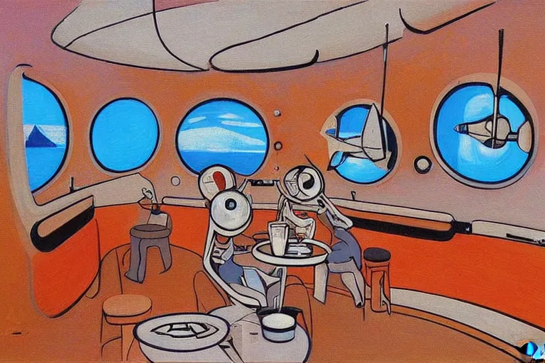 Image similar to coffee shop in a spaceship by robert theodore mccall