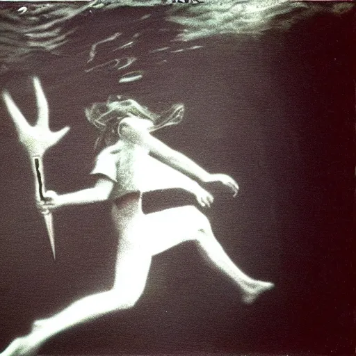 Prompt: mario running with scissors underwater, grainy polaroid, 1 9 7 0 s,