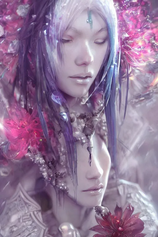 Image similar to ghost in the shell face closeup of beautiful girl necromancer, witch - doctor covered with crystals exploding into ice, 3 d render, hyper realistic detailed portrait, holding magic flowers, ruan jia, wlop. scifi, fantasy, hyper detailed, octane render, concept art, peter mohrbacher
