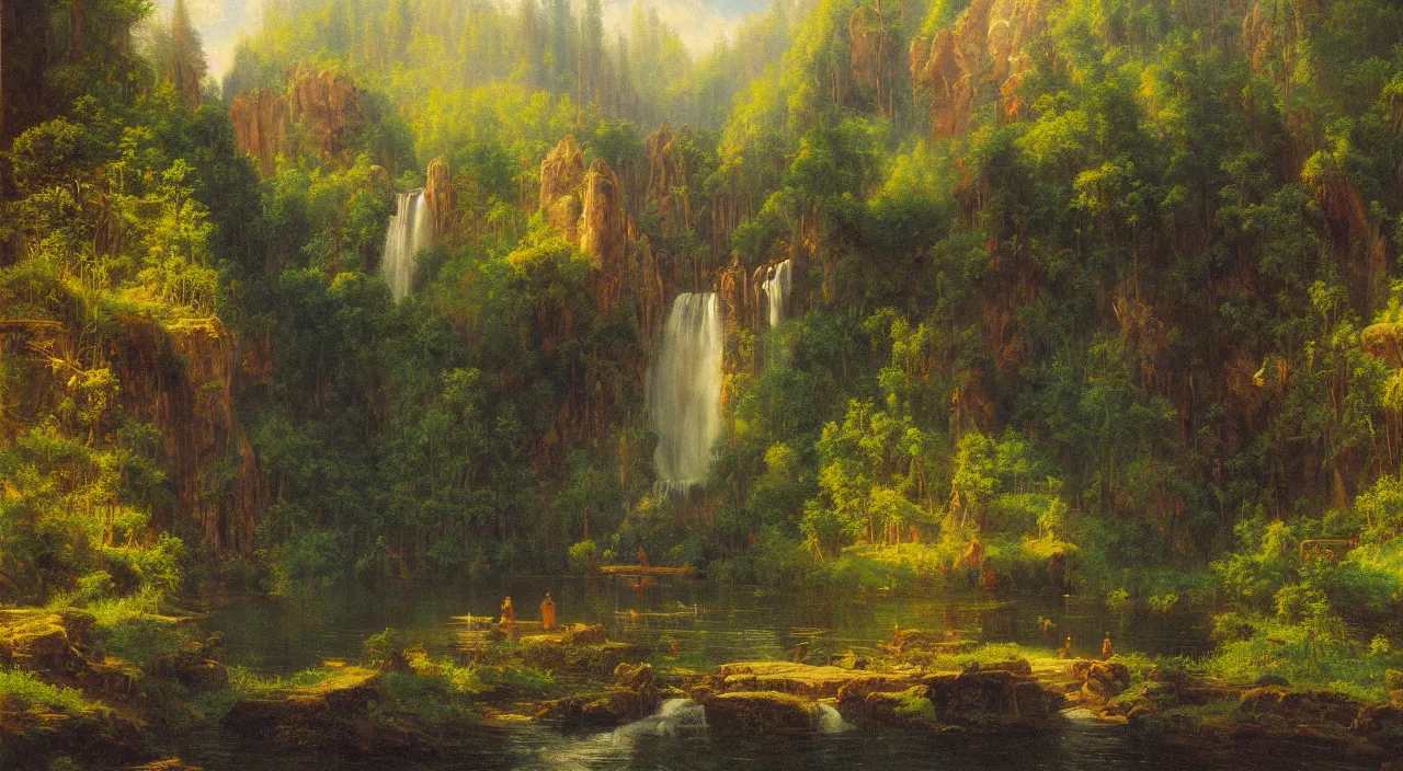 Prompt: Rivendell painted in the style of Albert Bierstadt, oil painting, wide angle, highly detailed