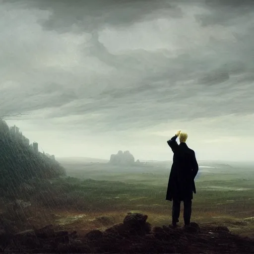 Image similar to donald trump in anguish a desolate misty landscape, painted by caspar david friedrich and greg rutkowski