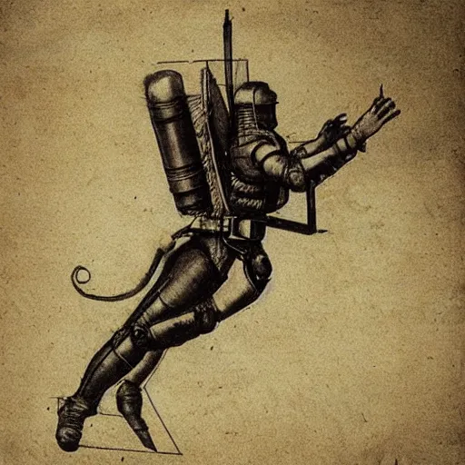 Prompt: technical sketch of the first jetpack by leonardo da vinci