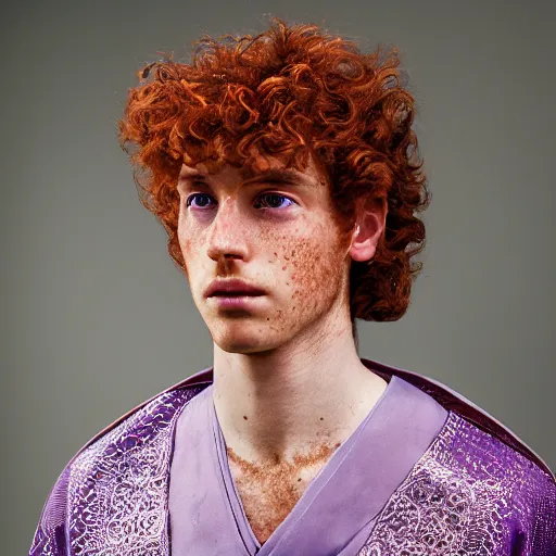 Image similar to A regal close-up, studio photographic portrait of a young man with auburn hair and freckles wearing a purple gilded medieval byzantine tunic, neutral flat lighting, overcast, hard focus, shot on a Sigma 135mm camera, featured in life magazine