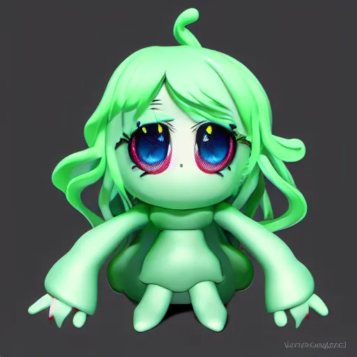 Prompt: cute fumo plush of a blob googirl, chibi monster girl, stylized shiny reflective refractive green liquid pbr material, vray