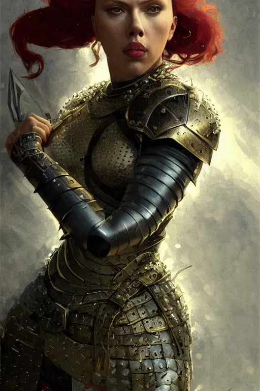 Image similar to scarlet johansson, legendary warrior, heroic fighter, dungeons & dragons, tattoos, decorative ornaments, battle armor, by carl spitzweg, ismail inceoglu, vdragan bibin, hans thoma, greg rutkowski, alexandros pyromallis, perfect face, detailed, sharply focused, centered, rule of thirds, realistic shading