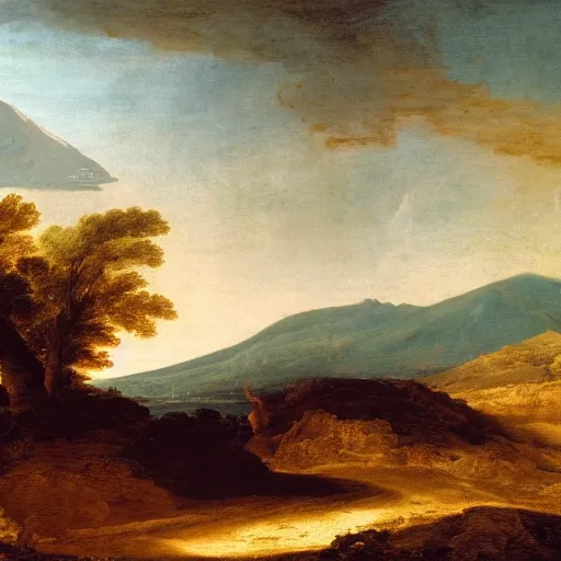 Prompt: a volcano seething, ethereal landscape, red lamborghini, claude lorrain pastoral landscape