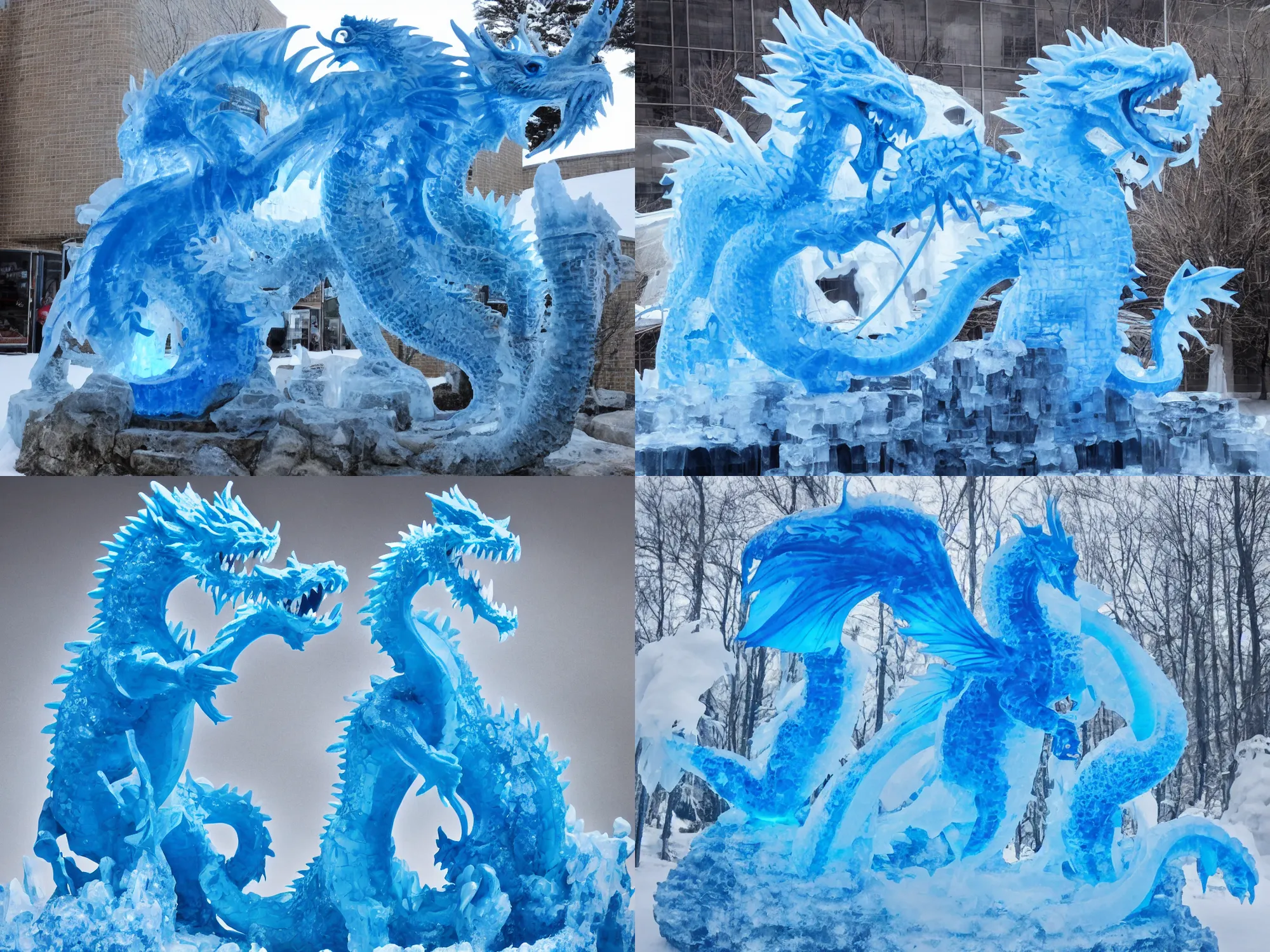 Prompt: A blue ice sculpture of a dragon breathing fire.