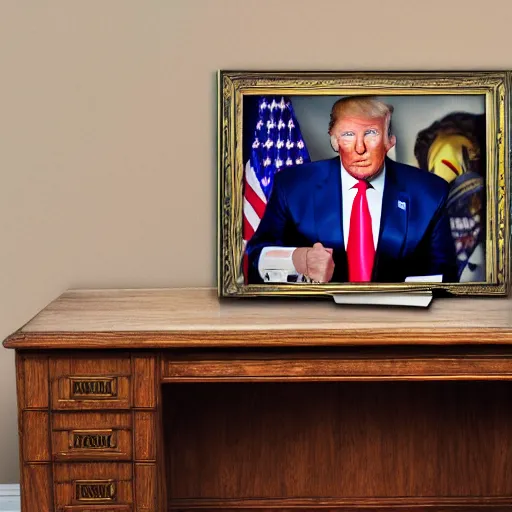 Image similar to donald trump, desk, orc, portrait,