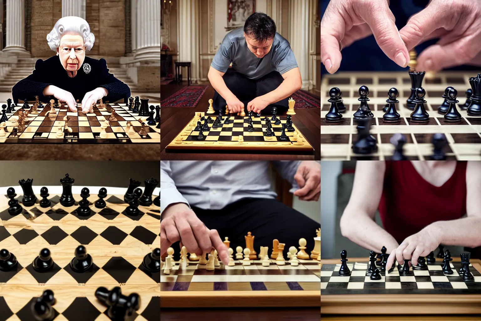 Prompt: A grandmaster playing the Queen's Gambit on the chessboard, dramatic photo