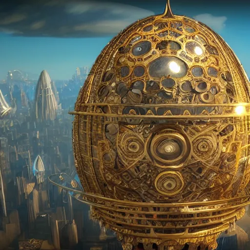 Image similar to enormous flying city in a faberge egg, sky, steampunk, fantasy art, masterpiece, unreal engine, intricate