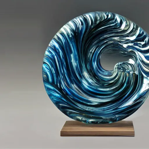 Prompt: a blown glass sculpture of a wave on a table in the style of The Great Wave