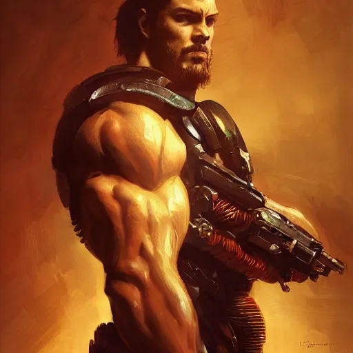 Image similar to handsome portrait of a spartan guy bodybuilder posing, radiant light, caustics, war hero, metal gear solid, ghost in the shell, by gaston bussiere, bayard wu, greg rutkowski, giger, maxim verehin