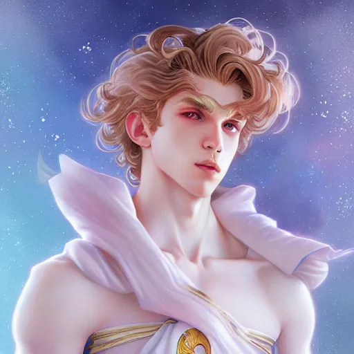 Image similar to Sailor Moon as a male, pale skin curly blond hair, fantasy, intricate, elegant, highly detailed, digital painting, artstation, concept art, matte, sharp focus, illustration, art by Artgerm and Greg Rutkowski and Alphonse Mucha