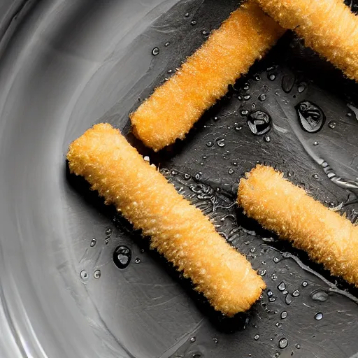 Image similar to Soaking wet soggy fish stick drenched with a stream water from a faucet on a moist wet plate. Very wet delicious fish sticks with specular highlights. Water drips from the wet fish sticks. Macro lens close up shot 8K food commercial shot award winning