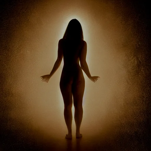 Image similar to a woman whos body is static losing frequency phasing out, dark eerie photo taken by digital hollywood