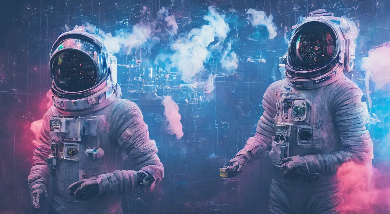 Image similar to a man in a space suit with a smoke bomb in his hand, cyberpunk art by mike winkelmann, shutterstock contest winner, space art, darksynth, retrowave, synthwave