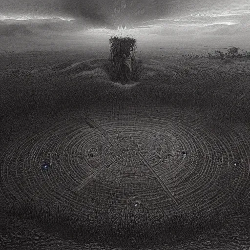 Image similar to Tribals crop circle blood rain, horror Gustave Doré Greg Rutkowski