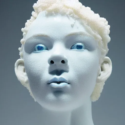 Prompt: vaporwave, full head and shoulders, bjork porcelain sculpture, smooth, delicate facial features, white eyes, white lashes, detailed white, lots of white coral sea elements, fish, sea anemones, all white features on a white background, by daniel arsham and james jean