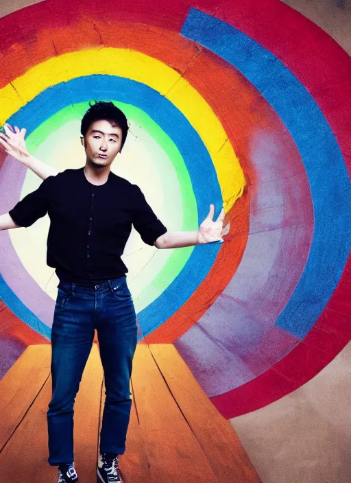 Prompt: japanese man with short hair and a beard wearing denim and leather clothes dancing next to a rainbow, full body portrait, dynamic lighting