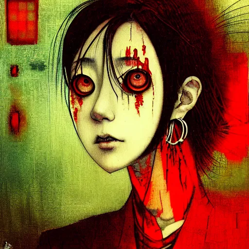 Image similar to yoshitaka amano blurred and dreamy realistic three quarter angle horror portrait of a sinister young woman with short hair, big earrings and red eyes wearing office suit with tie, junji ito abstract patterns in the background, satoshi kon anime, noisy film grain effect, highly detailed, renaissance oil painting, weird portrait angle, blurred lost edges