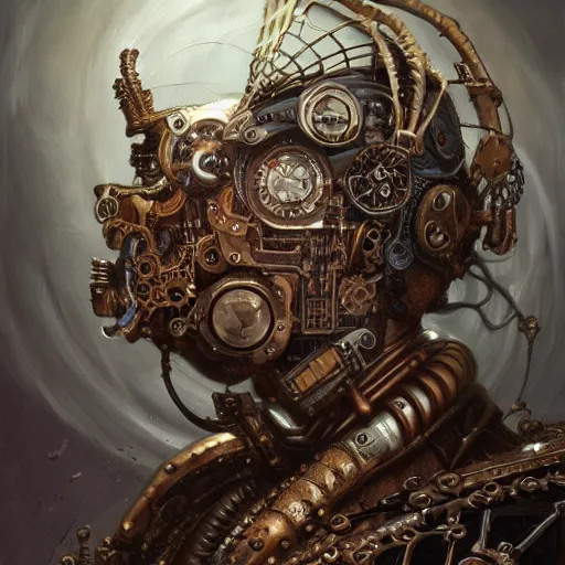 Prompt: low angle shot of a steampunk cyborg by clive barker, intricate, elegant, highly detailed, centered, digital painting, artstation, concept art, smooth, sharp focus, illustration, artgerm, Tomasz Alen Kopera, Peter Mohrbacher donato giancola, Joseph Christian Leyendecker, WLOP, Boris Vallejo.