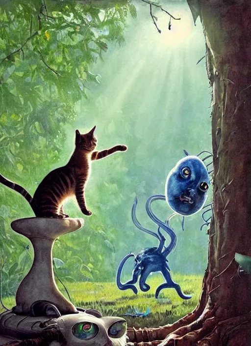 Image similar to a hyper realistic cat meeting an alien. and sunbeams blue sky, lush forest foliage painting by chiara bautista and norman rockwell and greg rutkowski weta studio, and lucasfilm