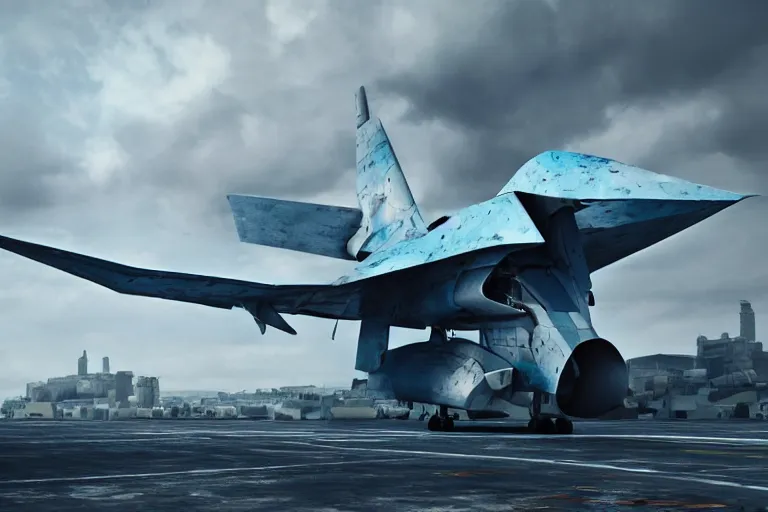 Image similar to a futuristic fighter aircraft, worn paint, symmmetric design, action shot, motion blur, epic dark towering thunderclouds in the background, intricate details, intricate textures, blue tint, realistc octane render, hyper realistic render, volumetric shading, depth of field, soft lighting, 8k